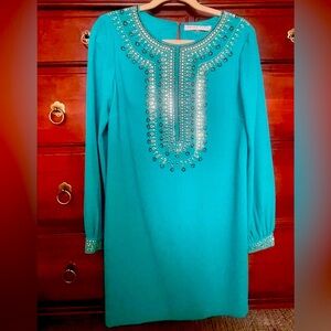 Trina Turk Teal Long Sleeve Dress with Silver/Bronze Beading